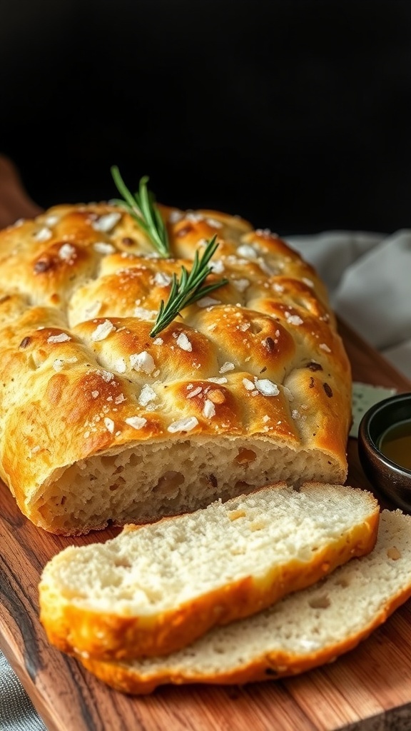 Herb Focaccia Bread Recipe Golden brown focaccia bread topped with rosemary and sea salt on a wooden board, with slices cut and olive oil for dipping.